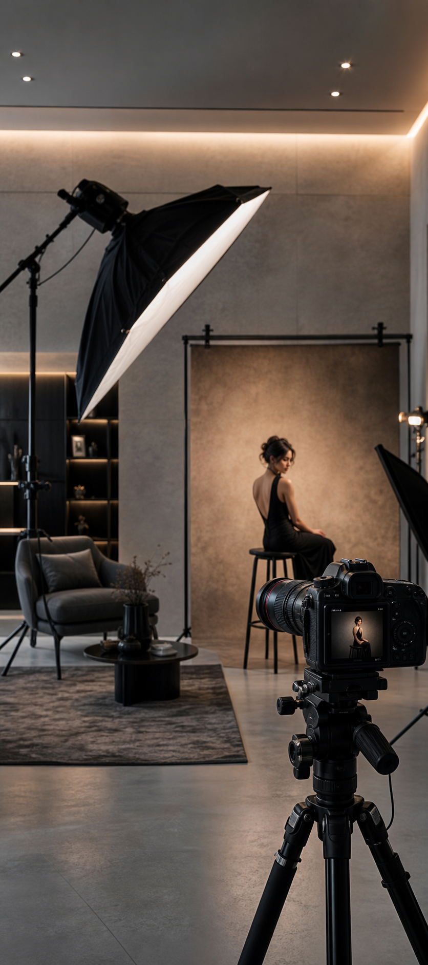 Premium photography studio with professional camera and soft lighting
